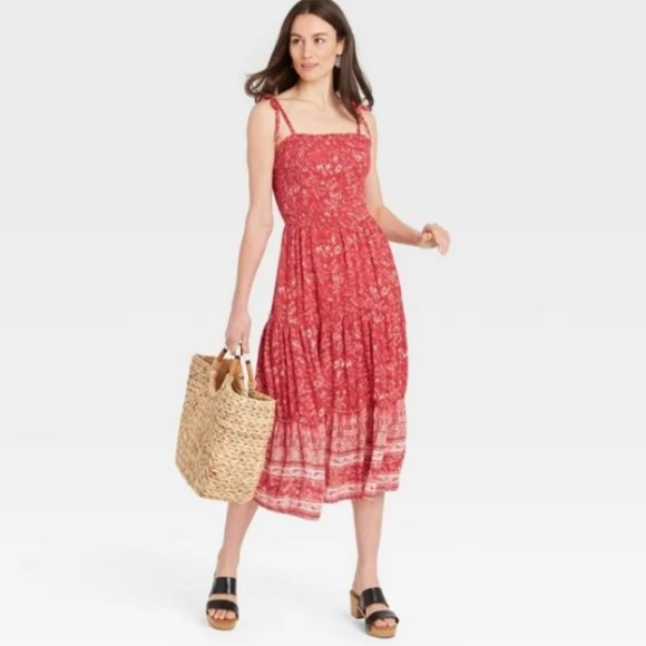 Knox Rose Dresses & Skirts - Knox Rose | Floral Smocked Tie-Strap Tiered Ruffle Red Midi Dress NWT | M